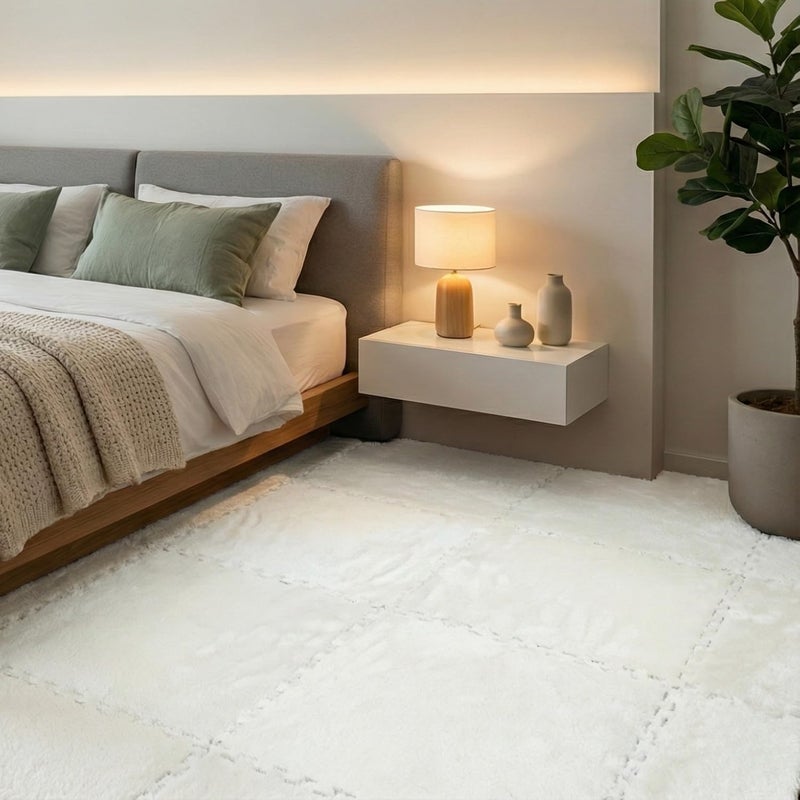 MADE4ALL Interlocking Carpet Tiles 4 PCS Pack – Soft Plush Floor Tiles for Small Areas, Nursery, Kids Room, Bedroom & Home Office – Washable, Non-Slip, Easy DIY Install – White - Image 4